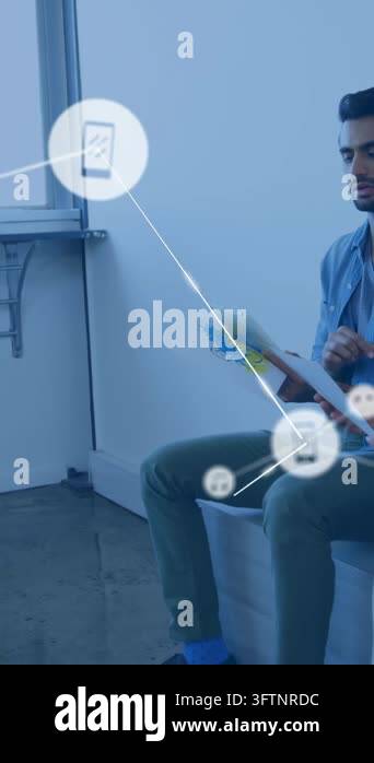 Vertical video: Designer tapping tablet and spawning icon network ...