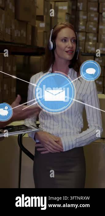 Vertical video: Headset lead tapping tablet, icons, lines, warehouse ...