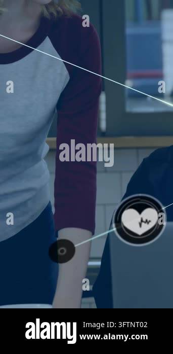 Vertical video: Woman pointing at laptop making heart and bulb icons ...
