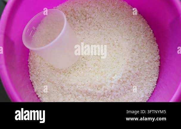 Hand With White Rice Top view of a hand using a translucent plastic measuring cup to scoop ...
