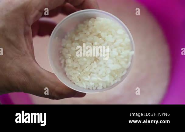 Hand With White Rice Top view of a hand using a translucent plastic measuring cup to scoop ...