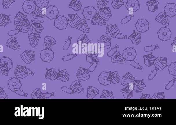 Seamless pattern of outlined junk food items like donuts, pizza, and ...