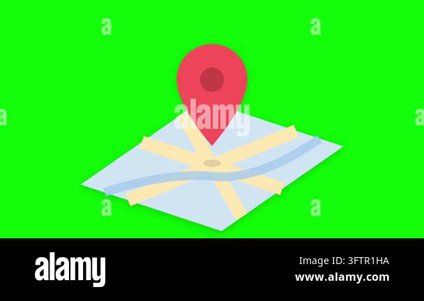 A red map pin marker placed on a stylized map with a green background ...
