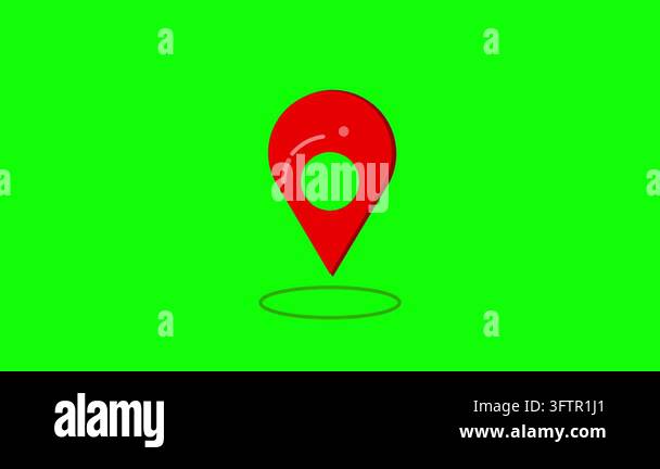 A simple, graphic red map pin icon with a subtle shadow on a green ...
