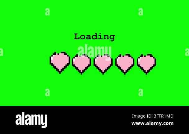 Pixel art heart loading bar animation on a green screen background ...