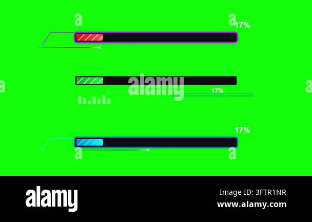 Three loading bars with different colors and progress levels on a green ...
