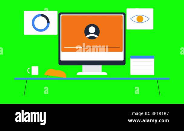 Computer screen displaying user profile and analytics on a green screen ...