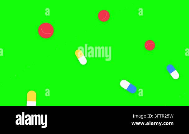 Capsule pills and round red objects floating on a vibrant green ...