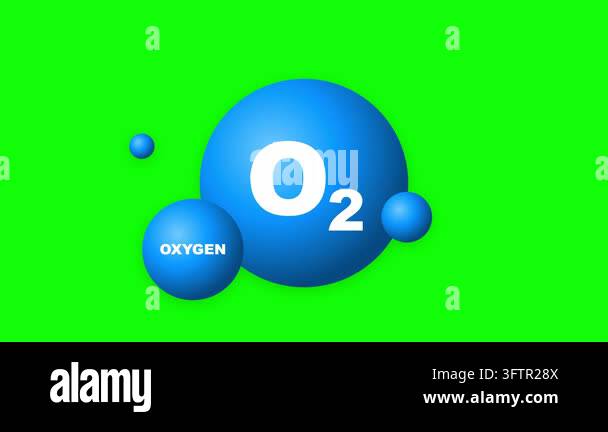 Oxygen O2 molecule represented as blue spheres on a vibrant green ...
