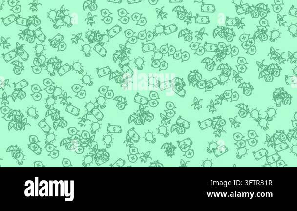 A repeating pattern of hand-drawn finance and business icons on a mint ...