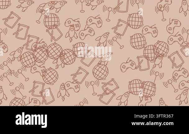 Seamless pattern of hand-drawn rockets, globes, and game controllers on ...