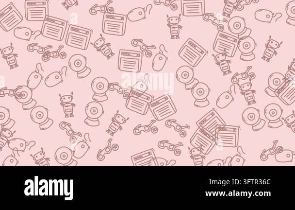 Seamless pattern of hand-drawn retro technology icons on a pink ...