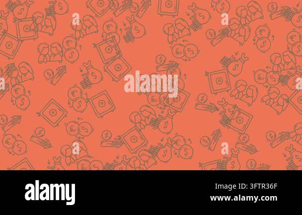 Seamless pattern of falling money bags and coins on an orange ...