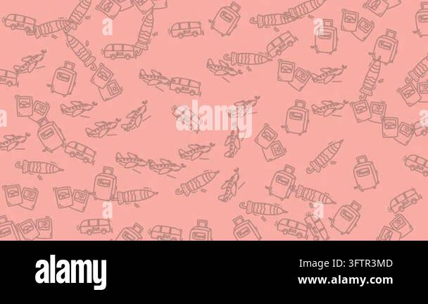 Seamless pattern of various travel and transportation icons on a pink ...