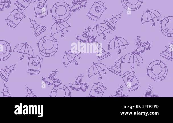 A charming purple pattern featuring hand-drawn summer vacation and ...