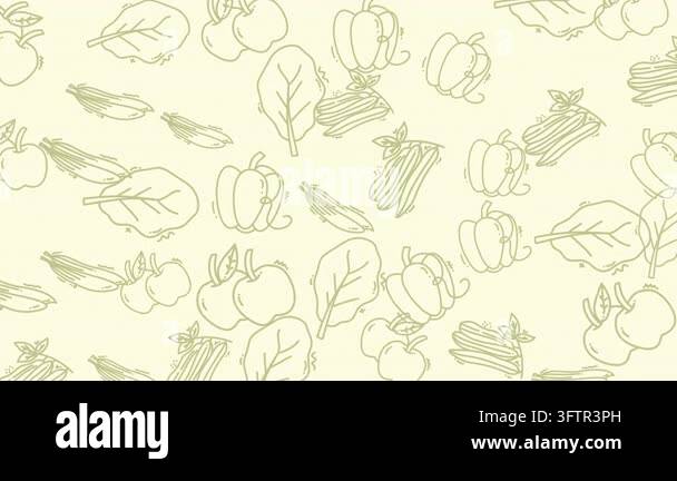 A seamless pattern of hand-drawn vegetables and leaves in a light ...