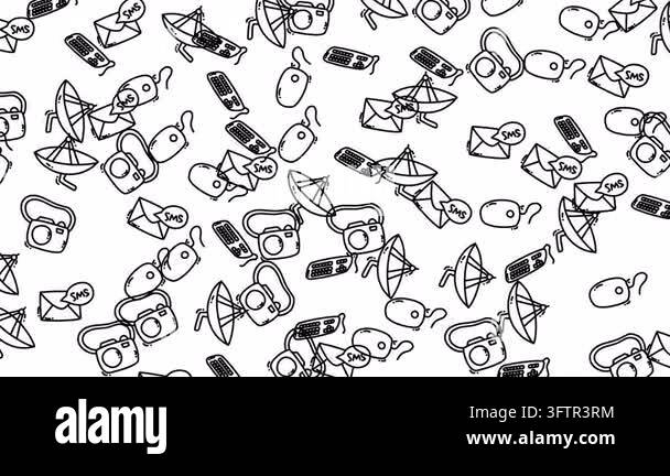 Seamless pattern of hand-drawn communication icons on a white ...