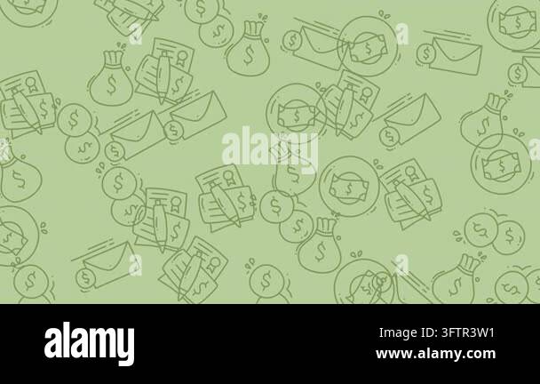 Seamless pattern of hand-drawn financial icons including money bags ...