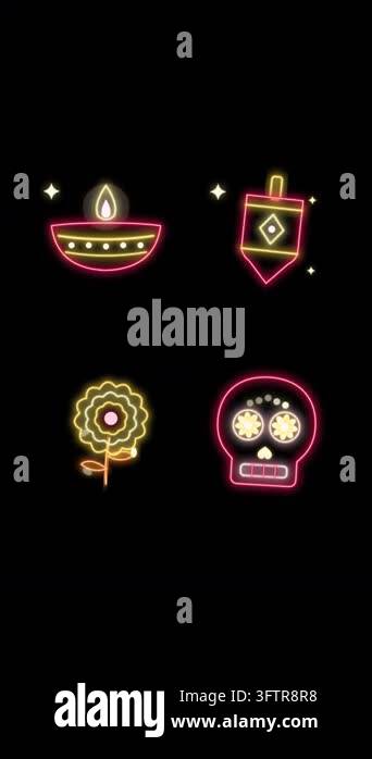 Neon style icon set animation: a set of 4 world holiday icons: diya ...