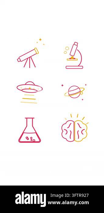 Line art style icon set animation: a set of 6 science and space icons ...