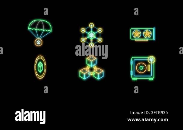 Neon style icon set animation: a set of 6 crypto and Web3 icons ...