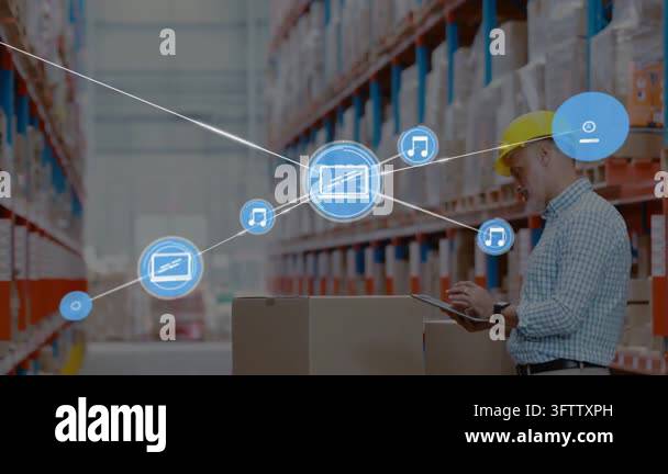 Warehouse lead tapping tablet updating stock and activating spreading ...