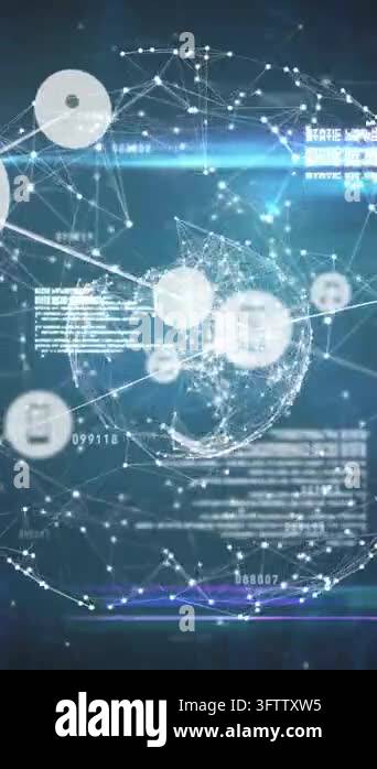 Wireframe sphere pulsing in tech HUD, data pushing phone icon center ...