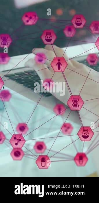 Animation of globe of digital icons spinning over mid section of a ...