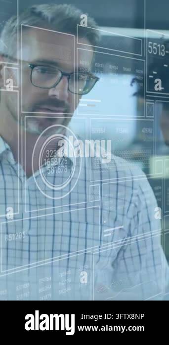 Animation of data processing over diverse colleagues discussing work in ...