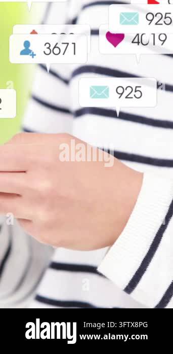 Text and digital icons over man using smartphone against white ...