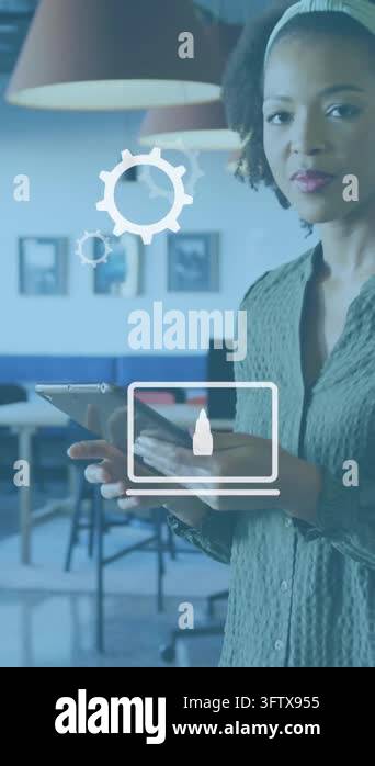 Animation of digital icons against african american woman using tablet ...