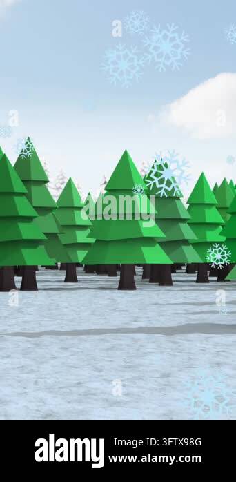 Animation of snowflakes falling over reindeer face icon and trees on ...