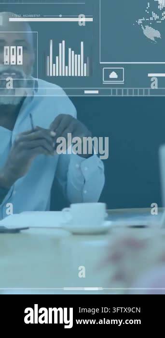 Animation of charts processing data over happy diverse colleagues ...