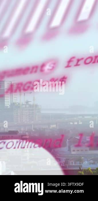 Animation of globe, computer language, graphs over modern city against ...