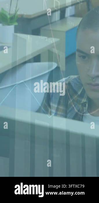 Animation of statistical data processing over man using computer at ...