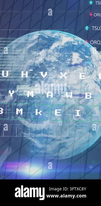 Animation of data processing over globe and grid. Network, data ...