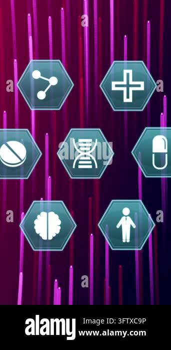 Animation of medical icons over purple light trails on black background ...