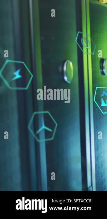 Animation of ecology icons over server room. Technology and digital ...