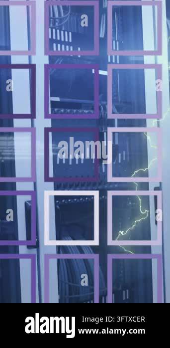 Animation of lightning and purple grid with data processing over ...