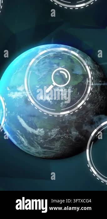 Animation of business and media icons over data processing and globe in ...
