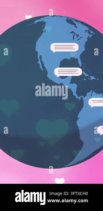 Animation of message boxes, pictures and falling heart shape with globe ...