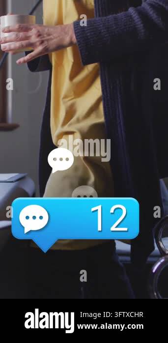 Animation of message icons floating over caucasian senior woman with ...