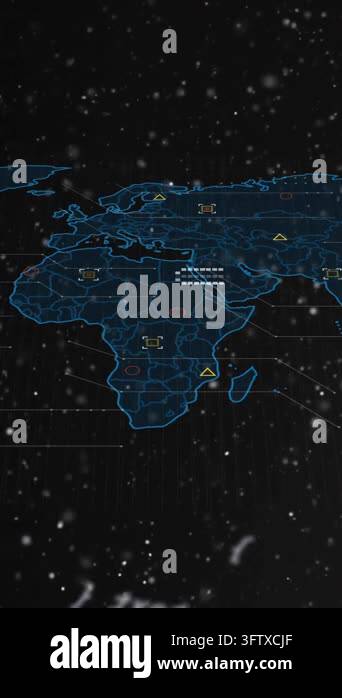 Animation of geometric shapes on map and computer language over black ...