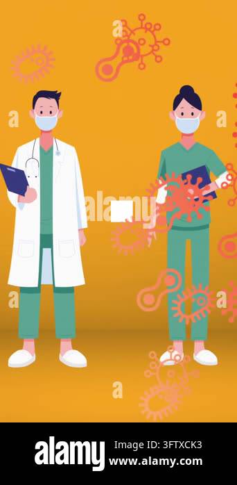 Animation of Covid-19 cell icons over male and female doctor wearing ...