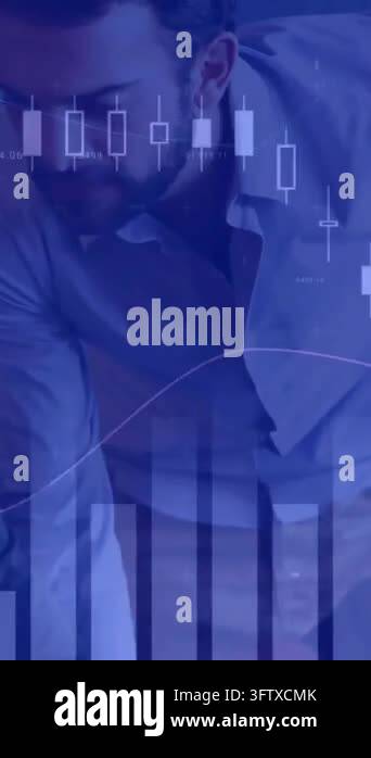 Animation of data processing over happy diverse male and female ...