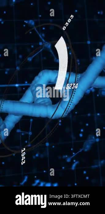 Animation of digital data processing over dna strand spinning on black ...