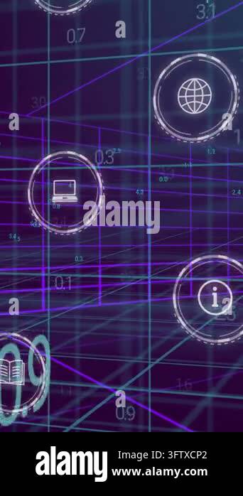 Animation of icons and data processing over blue background. Global ...
