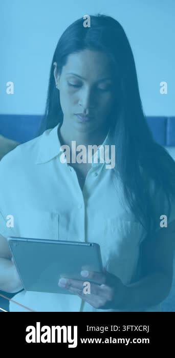 Animation of statistical data processing against woman using digital ...