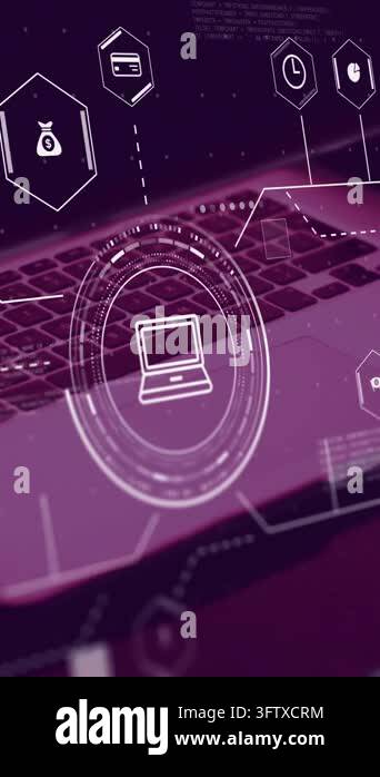Animation of connections with business icons and data processing over ...