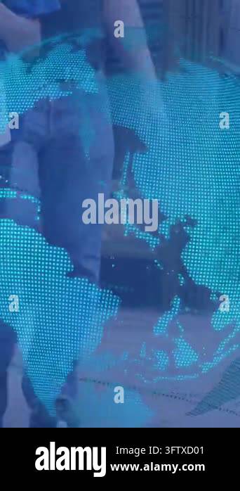 Vertical video: Cyan globe appearing, rotating and revealing, hands ...